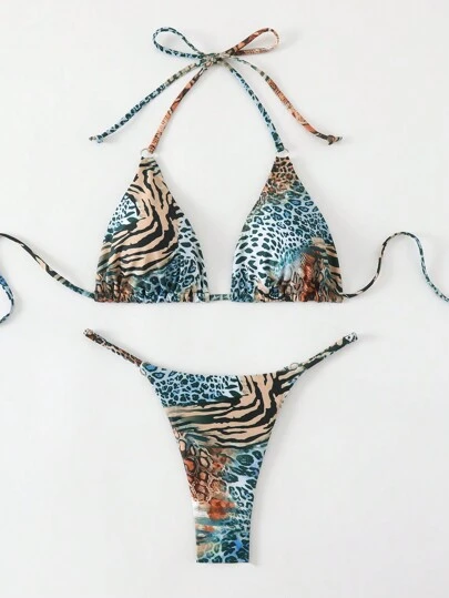 Swim Vcay 2 件套女士豹纹和斑马纹露背系带性感比基尼套装适合海滩度假 2025 年夏季