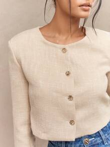 MISSGUIDED Crop Textured Blazer With Gold Buttons - Apricot - View 3