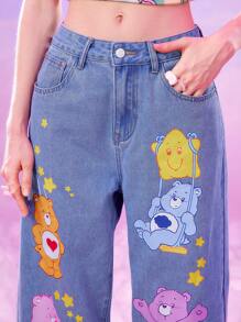 ROMWE X Care Bears 女士休闲可爱卡通熊印花宽松阔腿牛仔裤 - 中等水洗藍 - 查看 3