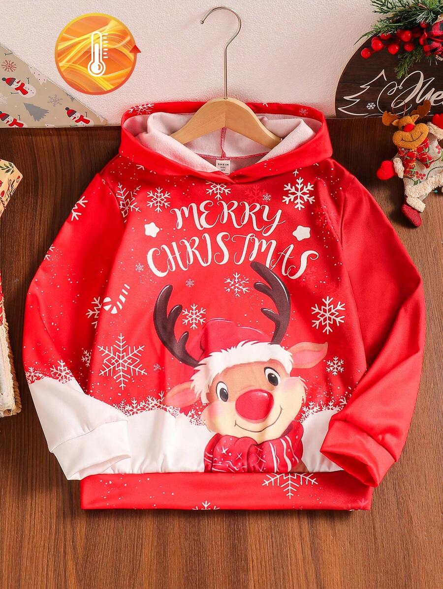 SHEIN Tween Boy Christmas Print Hooded Long Sleeve Sweatshirt