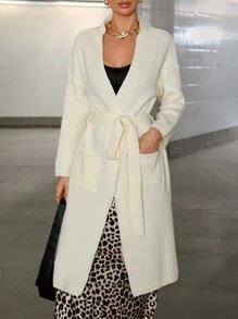 Aveloria Oversized French Style Casual Tied Up Cardigan With Big Pockets Fall Cloth For Women - Beige - View 4