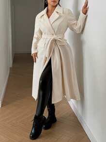 Flirla Plus Size Casual Lapel Flap Detail Loose Tweed Coat, Autumn Fall Cloth For Women - Apricot - View 5