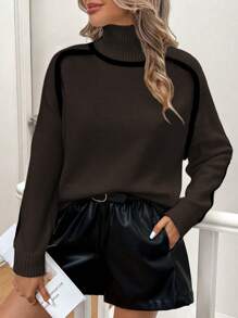 Chiquease Áo len nữ cổ cao tay dài phối màu kiểu Pháp, thích hợp cho mùa đông và thu. - màu nâu - Xem 1