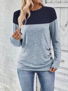 EMERY ROSE Women Color Block Round Neck Button Casual Versatile Long Sleeve T-Shirt Graphic Tees Women Tops For Spring Outfit Fall Cloth For Women - Multicolor - View 5