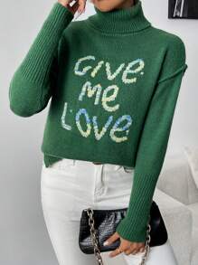 Chiquease Suéter casual de mujer con estampado de letras y cuello alto, para otoño/invierno, jersey de punto - Verde Oscuro - Ver 4