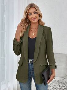 SHEIN LUNE 窄领休闲通勤必备罗纹纹理女士秋冬西装外套