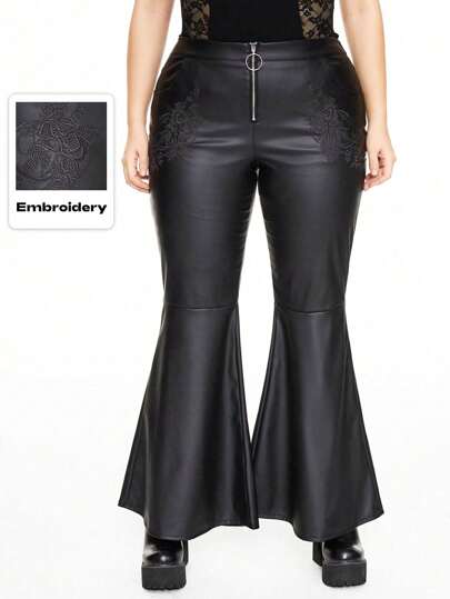 Goth Pantalon gothique évasé et ajusté pour femmes de grande taille en tissu brodé en 3D avec rose et lune