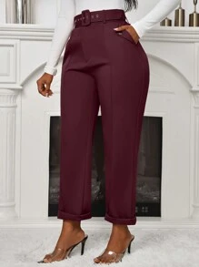 Zolique 女士秋季休闲修身束带长裤 - 酒紅色 - 查看 5
