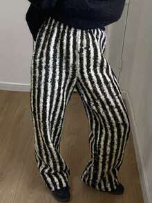 DAZY 条纹休闲直筒裤，女士百搭长裤，秋装 - 黑與白 - 查看 6