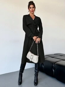 Firerie Elegant Waist Cinched A-Line Long Sleeve Trench Coat, Autumn/Winter - Black - View 4