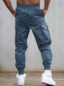 Claim Dot Men Loose Fit Slogan Graphic Flap Pocket Drawstring Waist Cargo Pants - Dusty Blue - View 2