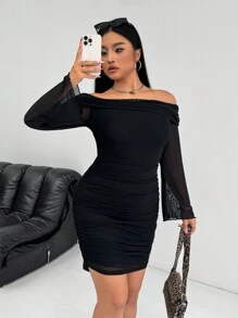 SHEIN EZwear Plus Size Women's Solid Color Bell Sleeve Mesh Off Shoulder Dress