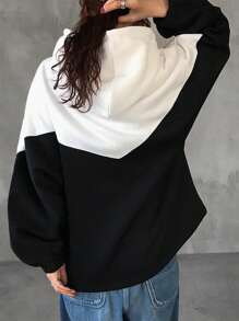 FRIFUL 女士长款宽松拼接字母印花开襟连帽卫衣，长袖上衣，秋季女装外套拉链连帽衫 - 黑與白 - 查看 5