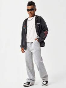 SHEIN Teenage Boys' Graphic Hooded Zip-Up Sweatshirt