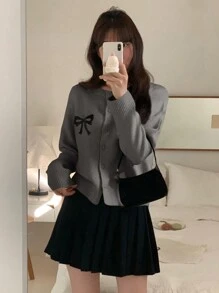 DAZY 1 件女士休闲纽扣开衫，带蝴蝶结图案，适合秋冬日常穿着，秋季女装 - 灰色 - 查看 4