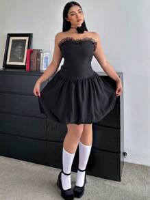 Flirla Plus Size Black Off Shoulder Strapless A-Line Princess Puff Dress - Black - View 1