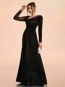 SHEIN Belle Vestido de noche formal y elegante con cuello asimétrico, mangas largas, volantes y dobladillo dividido para mujeres, color negro, ideal para graduación, cena