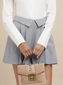 SHEIN Clasi 1 件女式灰色不对称腰线双层褶皱短裤 - 灰色 - 查看 6