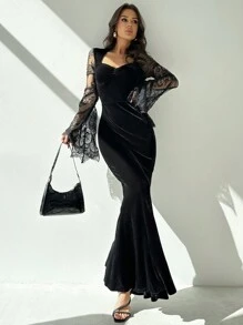 Firerie Gothic Style Sweetheart Neck Lace Flare Sleeve Velvet Fit And Flare Dress, Elegant Sexy For Halloween Party Night, Autumn/Winter Black Floral - Black - View 4