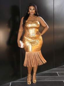 Slaydiva 冬季女式高端派对加大码纯金色流苏细肩带紧身迷你连衣裙 - 金色 - 查看 3