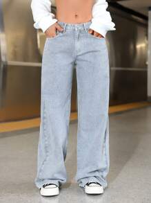 SHEIN ICON Women Front Button Pocket Simple Casual Denim Jeans Y2k - Grey - View 7