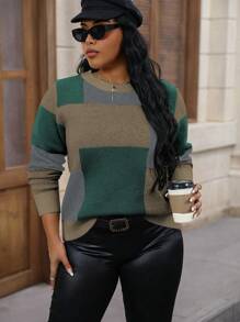 Calvaya 大码女式休闲撞色圆领长袖毛衣，秋冬款