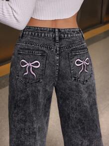 SHEIN PETITE Women's Bow Embroidered Pocket Wide Leg Loose Casual Jeans Pants - Grey - View 5