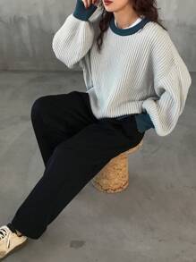 FRIFUL Women Autumn/Winter Contrast Color Round Neck Dropped Shoulder Long Sleeve Casual Loose Knitted Sweater,Three Quarter Sleeve Tops