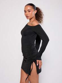 MUSERA Asymmetrical Neck Long Sleeve Mini Dress Spring Sexy Cute Summer  New Year Thanksgiving Winter Fall - Black - View 2