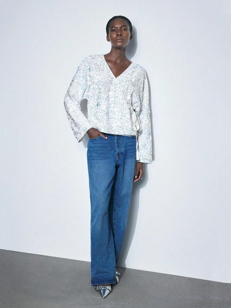 SHEIN Maija Women's Sparkling Wrapped Tied Long Sleeve Lovely Loose Cardigan, Party/Holiday Wear, Autumn/Winter