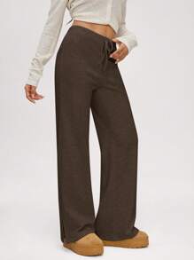 SHEIN BASICS 女士休闲纯色针织喇叭袖上衣 - 棕色 - 查看 5