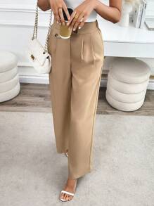 SHEIN Clasi Women's Button Decor Pleated Pockets Straight Loose Casual Pants - Apricot - View 6