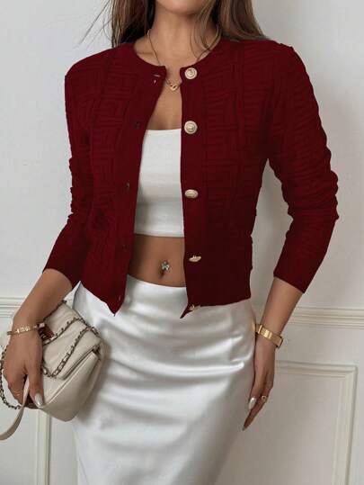 SHEIN PETITE 女士长袖单排扣浪漫酒红色针织开衫