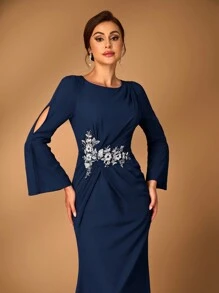 Serin Vestido de mujer elegante de gris y rosa con tela de gasa, cuello redondo, manga larga transparente, detalle de pliegues, apliques de lentejuelas, bajo con cola de pez, adecuado para que las madres asistan a ceremonias de boda, eventos, fiestas y ocasiones formales como madre de la novia