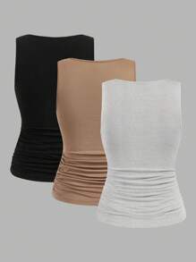 SHEIN LUNE 3pcs/Set Casual Minimalist Solid Color Fitted Women Camisole Suitable For Autumn Summer - Multicolor - View 11