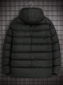 RueChic Men Zip Up Drawstring Hooded Puffer Coat - Black - View 3