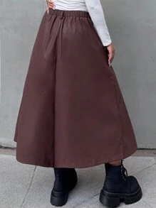 Flirla Plus Size Brown PU Skirt With Waist Cinching, Casual And Stylish, Autumn/Winter - Brown - View 2