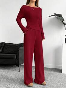 SHEIN EZwear Conjunto de body de mujer de punto color rojo navideño