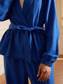 SHEIN Privé 2 件套简约纯色腰部收紧系带亚麻混纺上衣和裤子，修身 - 藍色 - 查看 7