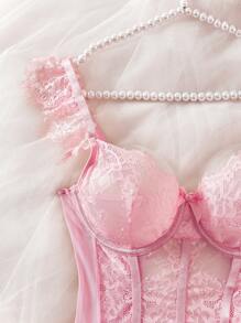 PetitDoll 3pcs Contrast Lace Solid Pink Sexy Lingerie Set, Going Out - Pink - View 3
