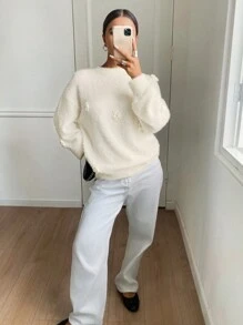 SHEIN Frenchy 女士纯色落肩长袖宽松休闲花卉 3D 针织毛衣，秋冬 - 米色 - 查看 4