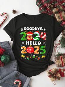 Flirla Christmas Round Neck Short Sleeve T-Shirt, Women's Plus Size Short Sleeve With Slogan Graphic, Merry Christmas T-Shirt, Suitable For Spring And Summer Graphic Tees Women Tops - Black - View 3