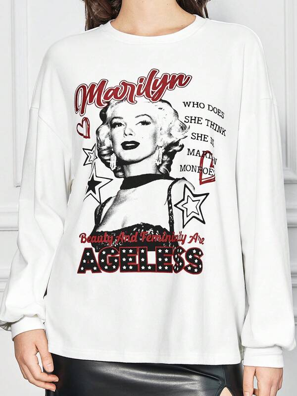 Marilyn Monroe X SHEIN Tricou cu mânecă lungă cu umăr căzut cu imprimeu grafic pentru femei, primăvară și toamnă