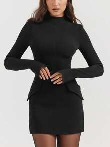 1pc Women's Solid Color Long Sleeve Fitted Casual Dress - Black - View 4