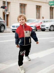 SHEIN Young Boy Solid Color Patchwork Zip-Up Long Sleeve Pocket Casual Jacket, Toddler Boy Jacket, Kids Zipper Jackets, Boys Winter Jacket, Fleece Jacket Kids, Color Block Jacket - Red - View 3