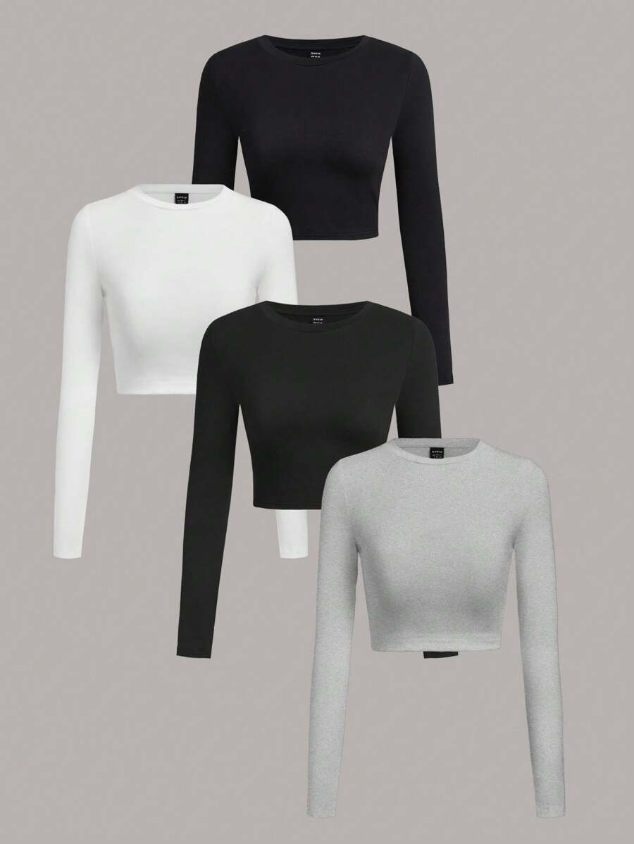 SHEIN Essnce 4 件套休闲简约圆领长袖短款修身女式 T 恤，适合秋季 - 彩色 - 查看 1