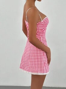 Aloruh Women's Christmas Red & White Plaid Spaghetti Strap Bodycon Ruffle Trim A-Line Mini Dress,Summer Dresses For Women,Pastel Dresses For Women - Hot Pink - View 2