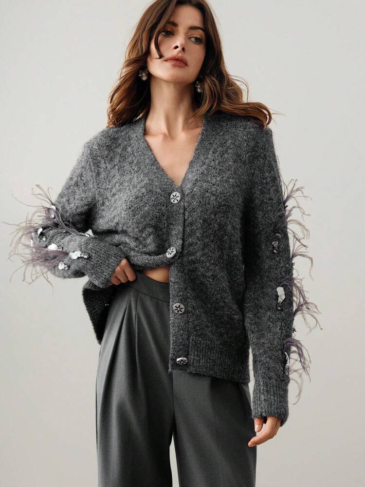 Women's Fashion Modern Christmas Floral Gray Sequin Rhinestone Feather Decor Pullover Sweater For Work, Autumn