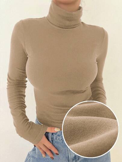 DAZY Women's Solid Color Casual Fleece Fitted Long Sleeve T-Shirt, Autumn/Winter