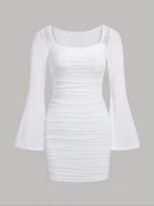 SHEIN Girlism Tween Girl Elegant Formal Knitted Solid White Color Square Neckline Mesh Bell Sleeve Ruched Long Sleeve Dress, For Autumn White Daily Wear - White - View 1